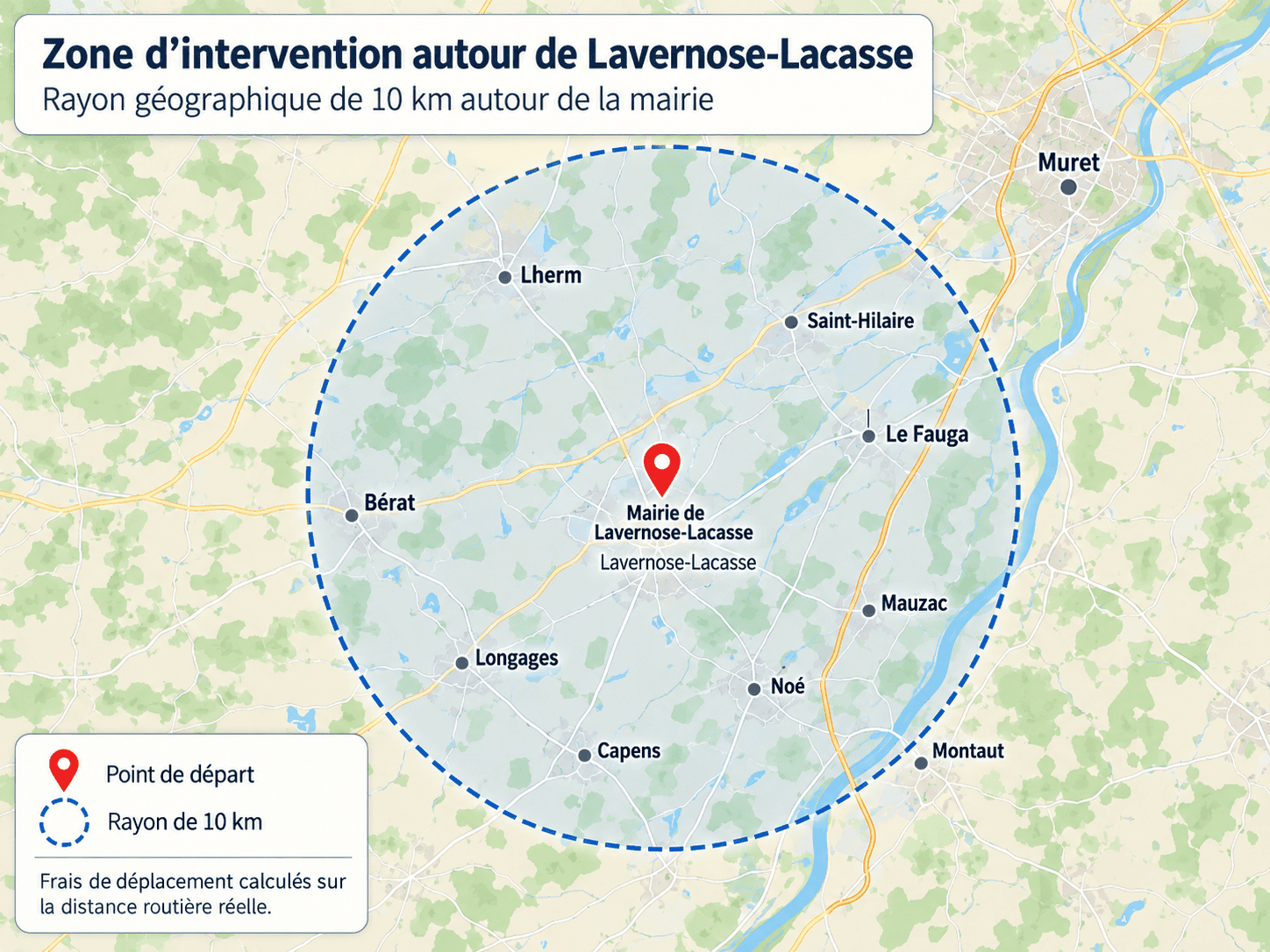 Carte d'éducation canine à domicile à Lavernose-Lacasse, montrant le rayon de 10 km autour de la mairie et les communes de Noé, Le Fauga, Lherm et Longages.
