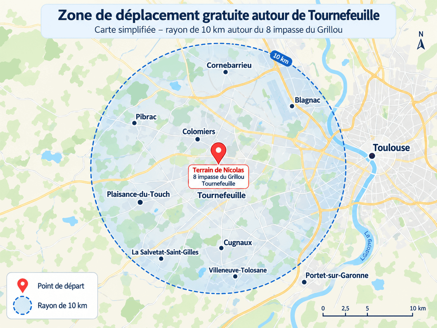 Carte de la zone d'éducation canine à domicile autour de Tournefeuille, avec un rayon de 10 km depuis le terrain de Nicolas Lasfargues